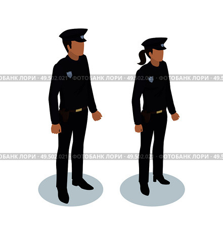 Policewoman and policeman people in black uniform with badges. Worker protecting from criminals. Cop on duty 3d isometric copper police officer vector. Policewoman and Policeman Vector Illustration. Стоковая иллюстрация, агентство Ingram Publishing / Фотобанк Лори