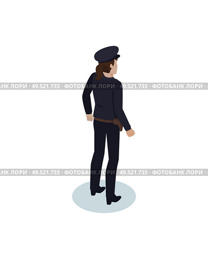 Policewoman realistic vector projection from back view. Police-station female representative in uniform and holster for service weapon or gun icon.. Isometric Policewoman in Overall and Gun Holster. Стоковая иллюстрация, агентство Ingram Publishing / Фотобанк Лори