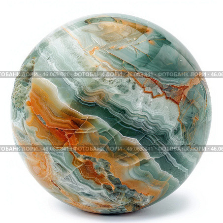 Polished caryatid green onyx sphere showing concentric bands of chalcedony on white background. Стоковое AI-изображение, AI-художник Иван Рябоконь / Фотобанк Лори