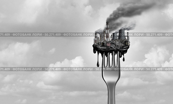 Pollution and food and toxic pollutants in nutrition as eating a contaminated meal as a fork with industrial toxins or climate change affects on the body with 3D illustration elements. Стоковое фото, агентство Ingram Publishing / Фотобанк Лори