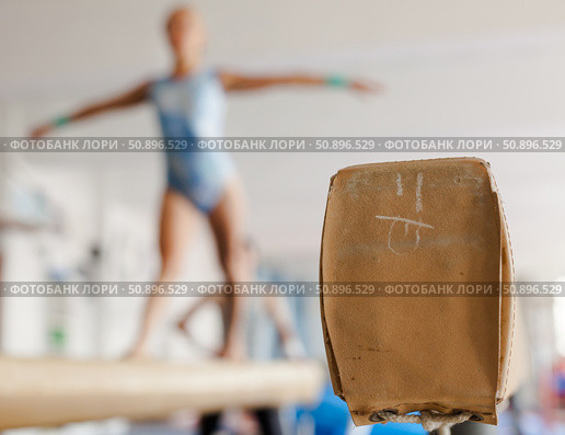 Pommel horse in a gymnasium. In the background, gymnast girl is training on pommel horse. Стоковое фото, фотограф Татьяна Яцевич / Фотобанк Лори