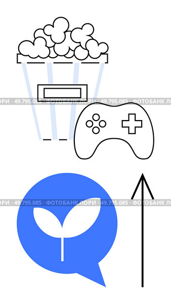 Popcorn bucket, game controller, plant in speech bubble, and upward arrow depict digital entertainment and growth. Ideal for technology, gaming, media, communication, growth sustainability. Entertainment and Growth in Digital Media Popcorn, Game Controller, Growth Icon, Arrow Symbol. Стоковая иллюстрация, агентство Ingram Publishing / Фотобанк Лори