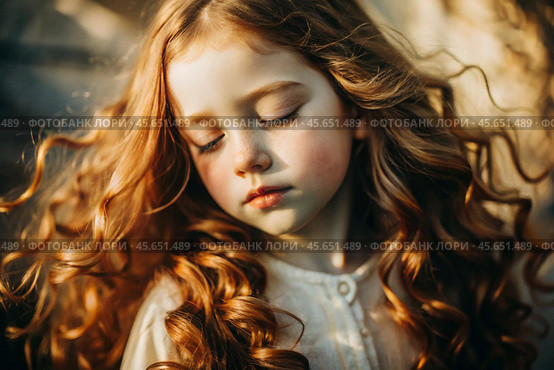 Portrait of a beautiful little red-haired girl with long wavy hair and a thoughtful look. The hair develops and creates a feeling of lightness and naturalness. Стоковое AI-изображение, AI-художник Photojuli / Фотобанк Лори