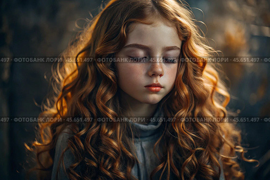 Portrait of a beautiful little red-haired girl with long wavy hair and a thoughtful look. The hair develops and creates a feeling of lightness and naturalness. Стоковое AI-изображение, AI-художник Photojuli / Фотобанк Лори