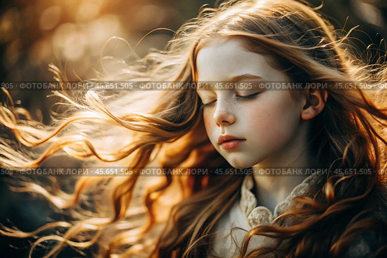 Portrait of a beautiful little red-haired girl with long wavy hair and a thoughtful look. The hair develops and creates a feeling of lightness and naturalness. Стоковое AI-изображение, AI-художник Photojuli / Фотобанк Лори