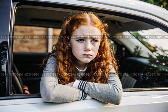 Portrait of a beautiful, unhappy, sad young red-haired teenage girl. Problems, parenting of teenagers. Стоковое AI-изображение, AI-художник Photojuli / Фотобанк Лори