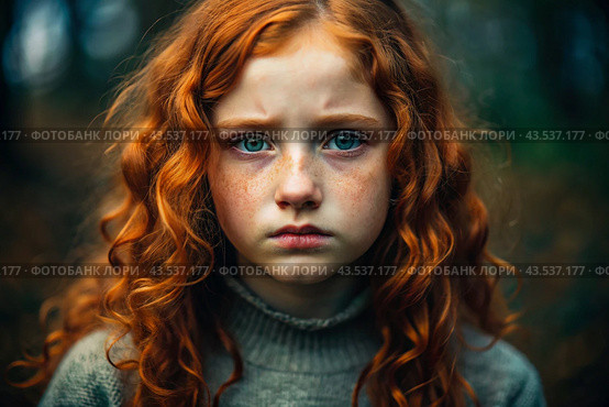 Portrait of a beautiful, unhappy, sad young red-haired teenage girl. Problems, parenting of teenagers. Стоковое AI-изображение, AI-художник Photojuli / Фотобанк Лори