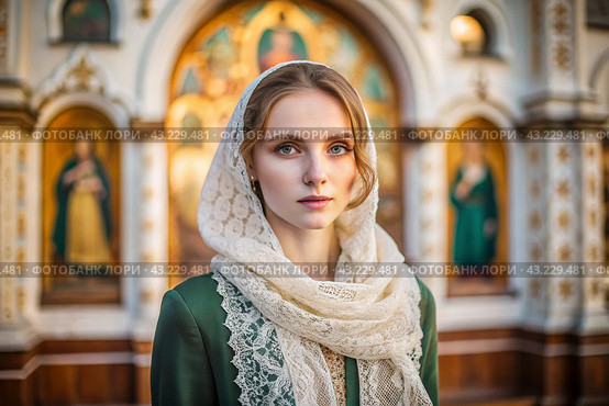 Portrait of a beautiful young woman in a headscarf in an Orthodox church. A girl prays in a church against the background of icons. Стоковое AI-изображение, AI-художник Photojuli / Фотобанк Лори