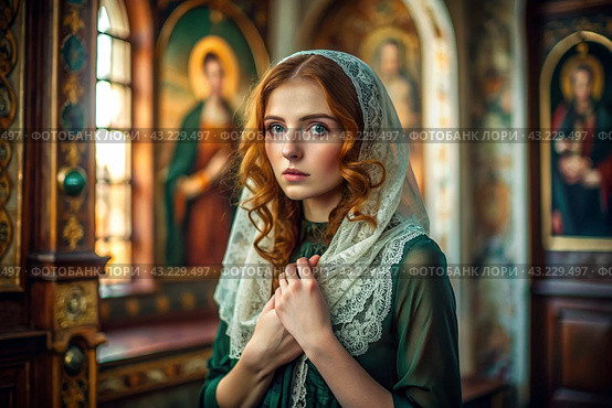 Portrait of a beautiful young woman in a headscarf in an Orthodox church. A girl prays in a church against the background of icons. Стоковое AI-изображение, AI-художник Photojuli / Фотобанк Лори