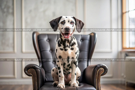 Portrait of a cute joyful Dalmatian dog. A banner with the image of a pet dog in the interior of a white and black living room. Стоковое AI-изображение, AI-художник Photojuli / Фотобанк Лори