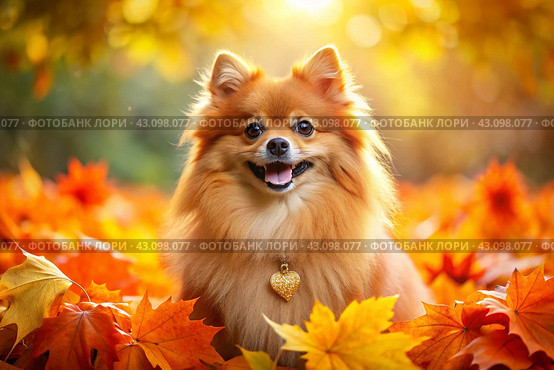 Portrait of a cute joyful Pomeranian dog in autumn on the background of autumn leaves. A banner with a picture of a pet dog. Стоковое AI-изображение, AI-художник Photojuli / Фотобанк Лори