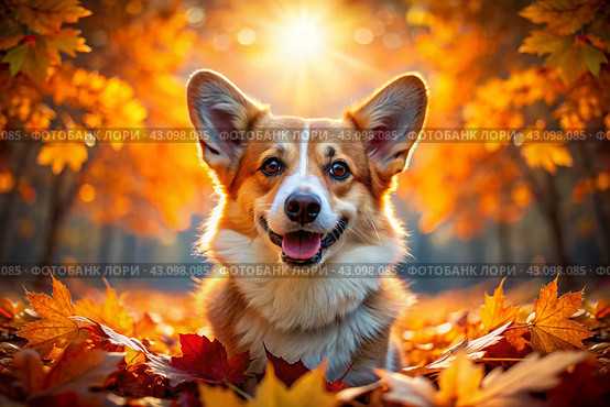 Portrait of a cute joyful Welsh Corgi dog in autumn against the background of autumn leaves. A banner with a picture of a pet dog. Стоковое AI-изображение, AI-художник Photojuli / Фотобанк Лори