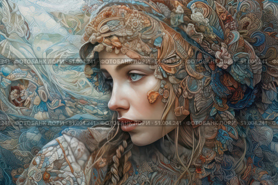 Portrait of a girl in a stylized national headdress, richly decorated with ornaments, stones and fabrics. The illustration is made in a detailed artistic manner, combining elements of fantasy, ethnicity and decorative art. The restrained color palette with a predominance of shades of blue, bronze and beige creates an atmosphere of mystery and depth. This work is suitable for themes about cultural heritage, female beauty, traditions and imagination. Стоковое AI-изображение, AI-художник Анна Кривицкая / Фотобанк Лори