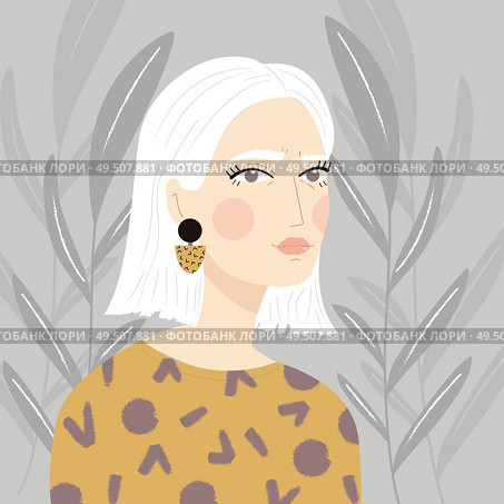 Portrait of a girl with white hair with patterned sweater and earrings, on gray plant background, flat vector illustration. Стоковая иллюстрация, агентство Ingram Publishing / Фотобанк Лори
