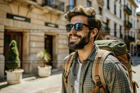 Portrait of a happy handsome hipster traveler with a backpack and sunglasses. Solo travel, lifestyle. A young tourist enjoys a vacation on a sunny day. Стоковое AI-изображение, AI-художник Photojuli / Фотобанк Лори
