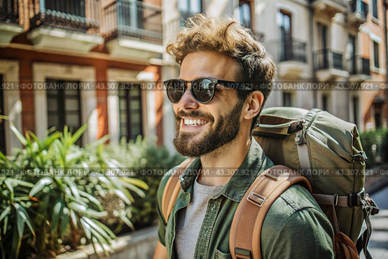 Portrait of a happy handsome hipster traveler with a backpack and sunglasses. Solo travel, lifestyle. A young tourist enjoys a vacation on a sunny day. Стоковое AI-изображение, AI-художник Photojuli / Фотобанк Лори