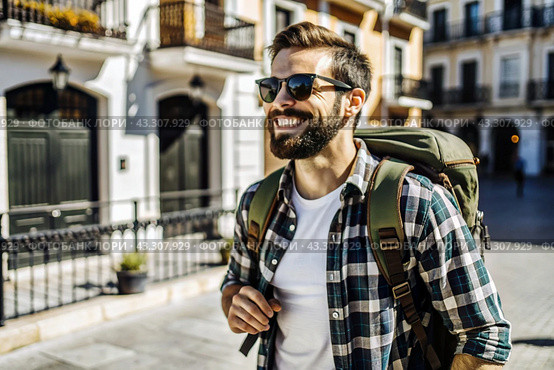 Portrait of a happy handsome hipster traveler with a backpack and sunglasses. Solo travel, lifestyle. A young tourist enjoys a vacation on a sunny day. Стоковое AI-изображение, AI-художник Photojuli / Фотобанк Лори