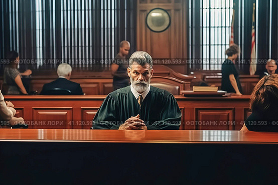 Portrait of a judge at the table at a trial. Стоковое AI-изображение, AI-художник Юрий Поздников / Фотобанк Лори