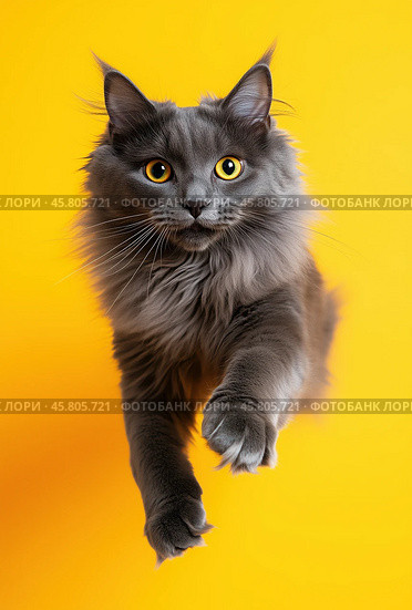 Portrait of a jumping Nibelung cat on a yellow background. Стоковое AI-изображение, AI-художник ArtVladZ / Фотобанк Лори