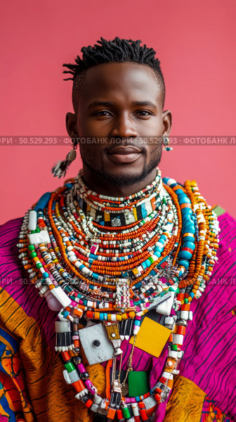 Portrait of a man adorned with colorful beaded necklaces against a pink backdrop. Стоковое AI-изображение, AI-художник Данила Большаков / Фотобанк Лори