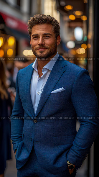 Portrait of a man in a blue suit standing on a street. Стоковое AI-изображение, AI-художник Данила Большаков / Фотобанк Лори