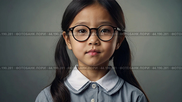 Portrait of a serious Asian kid schoolgirl with glasses on a solid gray background. Back to school, correction of pupil kid eyesight. AI generated. Стоковое AI-изображение, AI-художник Ольга Симонова / Фотобанк Лори