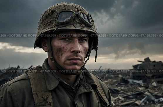 Portrait of a soldier of the 1st World War on the battlefield. Стоковое AI-изображение, AI-художник Александр Поташев / Фотобанк Лори