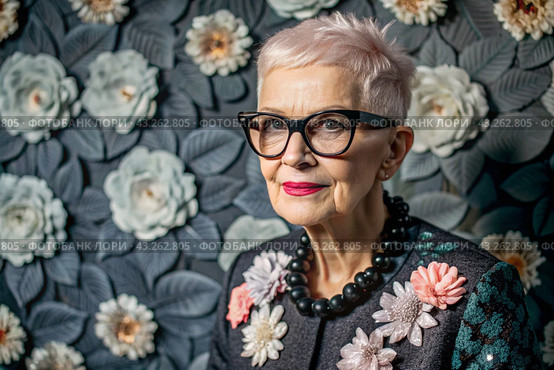 Portrait of a stylish, fashionable elderly woman, a pensioner of 70 years old, wearing glasses and clothes with floral prints. The concept of the elderly. Стоковое AI-изображение, AI-художник Photojuli / Фотобанк Лори