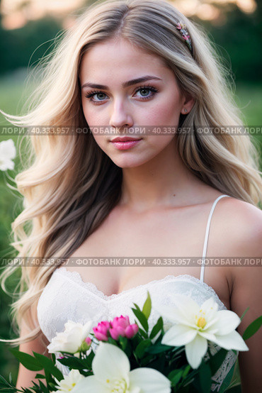 Portrait of a young blonde woman in a white dress with a bouquet of flowers in the evening. Generative AI. Стоковое AI-изображение, AI-художник Mixail59 / Фотобанк Лори