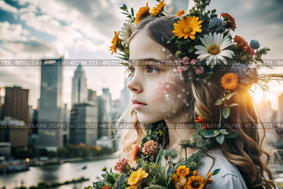 Portrait of a young girl. A conceptual artistic close-up shot against the background of a city with double exposure and visual effects. An advertising move. Стоковое AI-изображение, AI-художник Photojuli / Фотобанк Лори