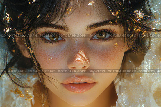 Portrait of a young girl with expressive brown eyes, fair skin and freckles. Her lips are slightly parted, her gaze is deep and attractive. Her hair has gold flecks sparkling in the sun. The atmosphere of the image is fabulous, magical, like a forest fairy or a fantasy heroine. Ideal for covers, posters, cosmetics advertising, themes of femininity, beauty and magic. Стоковое AI-изображение, AI-художник Анна Кривицкая / Фотобанк Лори