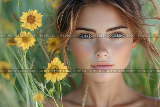 Portrait of a young woman among wildflowers, taken outdoors in natural light. The girl with expressive green eyes, freckles and natural make-up looks straight into the camera. Yellow flowers and a soft background create an atmosphere of tenderness, summer and harmony with nature. Perfect for health, beauty, naturalness, organic cosmetics, advertising and editorial projects. Стоковое AI-изображение, AI-художник Анна Кривицкая / Фотобанк Лори