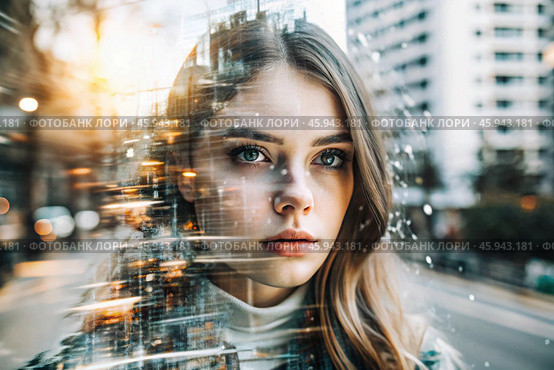 Portrait of a young woman. Conceptual artistic close-up image against the background of a city with double exposure and visual effects. An advertising move. Стоковое AI-изображение, AI-художник Photojuli / Фотобанк Лори