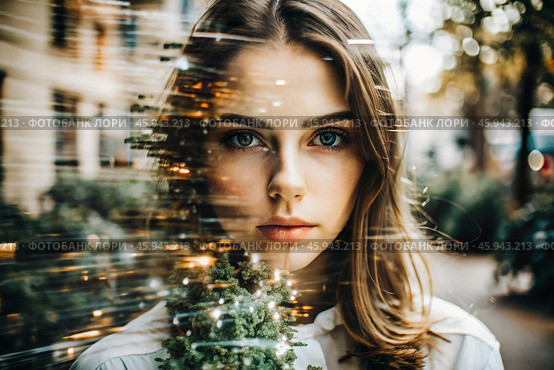 Portrait of a young woman. Conceptual artistic close-up image against the background of a city with double exposure and visual effects. An advertising move. Стоковое AI-изображение, AI-художник Photojuli / Фотобанк Лори