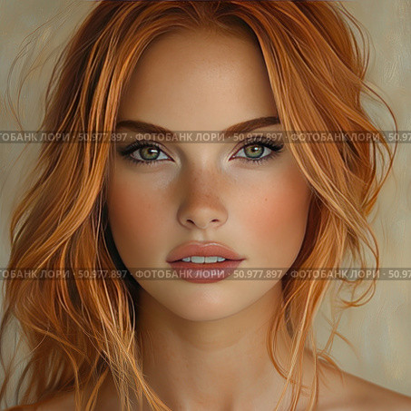 Portrait of a young woman with red hair, delicate skin with freckles and expressive green eyes. Her natural beauty is emphasized by soft lighting and a neutral background. The image is made in high artistic quality and is suitable for use in the fashion industry, cosmetics advertising, projects related to natural beauty, health, femininity and lifestyle. Ideal for blogs, magazine covers, banners and advertising layouts. Стоковое AI-изображение, AI-художник Анна Кривицкая / Фотобанк Лори
