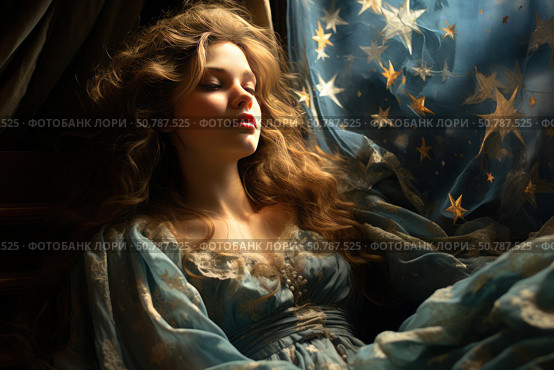 Portrait of a young woman with wavy hair sitting by the window in soft twilight. Her face is illuminated by warm light, her eyes are closed, her expression is calm and peaceful. The woman is dressed in a vintage sky-blue dress with lace, and a curtain decorated with golden stars flutters nearby. The atmosphere of the image resembles a fairy tale or a romantic dream, conveying a sense of peace, dreams and magic. Стоковое AI-изображение, AI-художник Анна Кривицкая / Фотобанк Лори