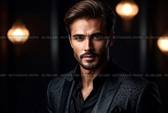 Portrait of an elegant stylish handsome man on dark background. Luxury studio fashion portrait. Guy looking assertive and interested. Concept of serious approach to your work and confidence in result. Стоковое AI-изображение, AI-художник Aleksandr Golubev / Фотобанк Лори