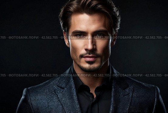 Portrait of an elegant stylish handsome man on dark background. Luxury studio fashion portrait. Guy looking assertive and interested. Concept of serious approach to your work and confidence in result. Стоковое AI-изображение, AI-художник Aleksandr Golubev / Фотобанк Лори