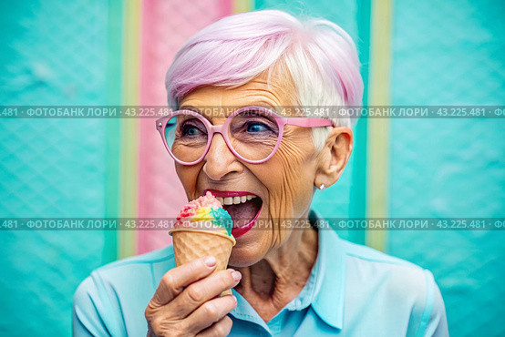 Portrait of an extraordinary, stylish, fashionable elderly woman, a pensioner of 70 years old, with glasses and ice cream in her hand. The concept of happy seniors and delicious desserts. Стоковое AI-изображение, AI-художник Photojuli / Фотобанк Лори