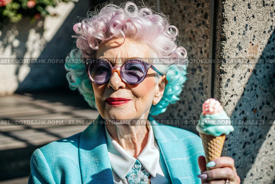 Portrait of an extraordinary, stylish, fashionable elderly woman, a pensioner of 70 years old, with ice cream in her hands on a city street. The concept of happy seniors and delicious desserts. Стоковое AI-изображение, AI-художник Photojuli / Фотобанк Лори