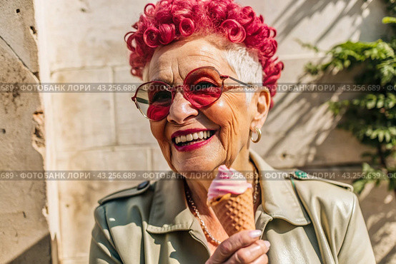 Portrait of an extraordinary, stylish, fashionable elderly woman, a pensioner of 70 years old, with ice cream in her hands on a city street. The concept of happy seniors and delicious desserts. Стоковое AI-изображение, AI-художник Photojuli / Фотобанк Лори