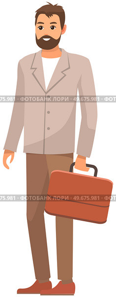 Portrait of businessman holding briefcase. Confident office worker or business manager with suitcase. Serious bearded man with bag isolated on white background. Company employee before work. Portrait of businessman holding briefcase. Confident office worker or business manager with suitcase. Стоковая иллюстрация, агентство Ingram Publishing / Фотобанк Лори