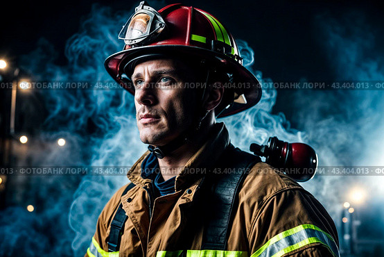 Portrait of concentrated fireman in firefighter uniform and helmet at dark urban background with smoke and blue light, looking away. Global earth fire problematic concept. Gen ai. Copy ad text space. Стоковое AI-изображение, AI-художник Aleksandr Golubev / Фотобанк Лори