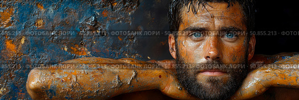 Portrait of man covered in earthy colors, conveying raw emotion, struggle and connection to nature. Стоковое AI-изображение, AI-художник Данила Большаков / Фотобанк Лори