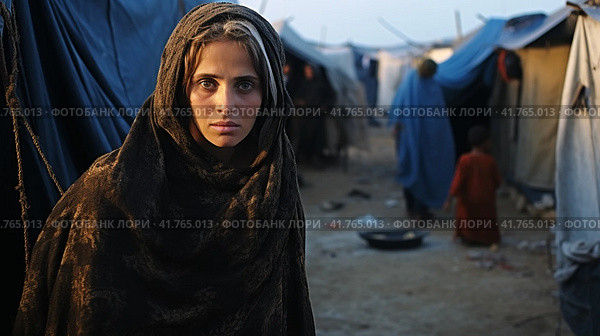 Portrait of Refugees on middle east looking at camera. Homeless people, unhappy and frightened, shawl camps,  Generative AI. Стоковое AI-изображение, AI-художник Анна Кривицкая / Фотобанк Лори