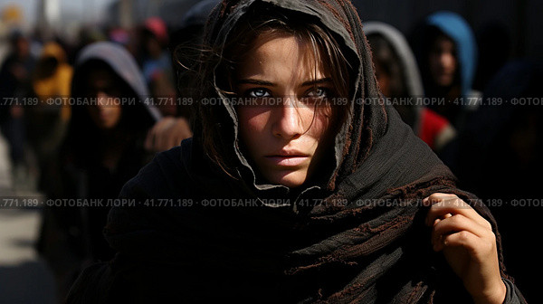 Portrait of Refugees on middle east looking at camera. Homeless people, unhappy and frightened, shawl camps,  Generative AI. Стоковое AI-изображение, AI-художник Анна Кривицкая / Фотобанк Лори