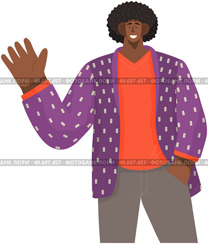 Portrait of smiling man saying hello and waving with hand. Hi or bye gesture. Happy guy greeting and welcoming smb. Guy say bye and gesturing in friendly way. People greeting motion. Portrait of smiling young man saying hello and waving with hand. Hi or bye gesture, greeting motion. Стоковая иллюстрация, агентство Ingram Publishing / Фотобанк Лори