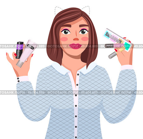 Portrait of young woman with dark hair wearing white blouse. Cute smiling girl holding cosmetics cream, lipstick, shadows. Pretty positive female character, student or businesswoman, beauty blogger. Portrait of young woman with dark hair wearing white blouse. Cute smiling girl isolated on white. Стоковая иллюстрация, агентство Ingram Publishing / Фотобанк Лори
