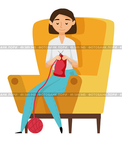 Portrait view of woman needlecrafting, person sitting on armchair with needles, crocheting cloth. Female needlework indoor, knitting hobby vector. Knitting Hobby, Girl Needle-crafting, Cloth Vector. Стоковая иллюстрация, агентство Ingram Publishing / Фотобанк Лори