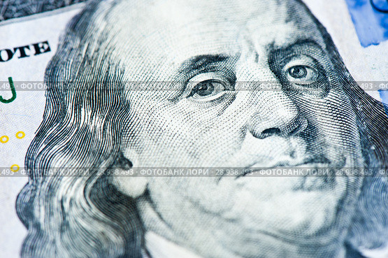 Портрет Франклина на стодолларовой купюре США. Фрагмент банкноты, крупный план. Стоковое фото, фотограф E. O. / Фотобанк Лори
